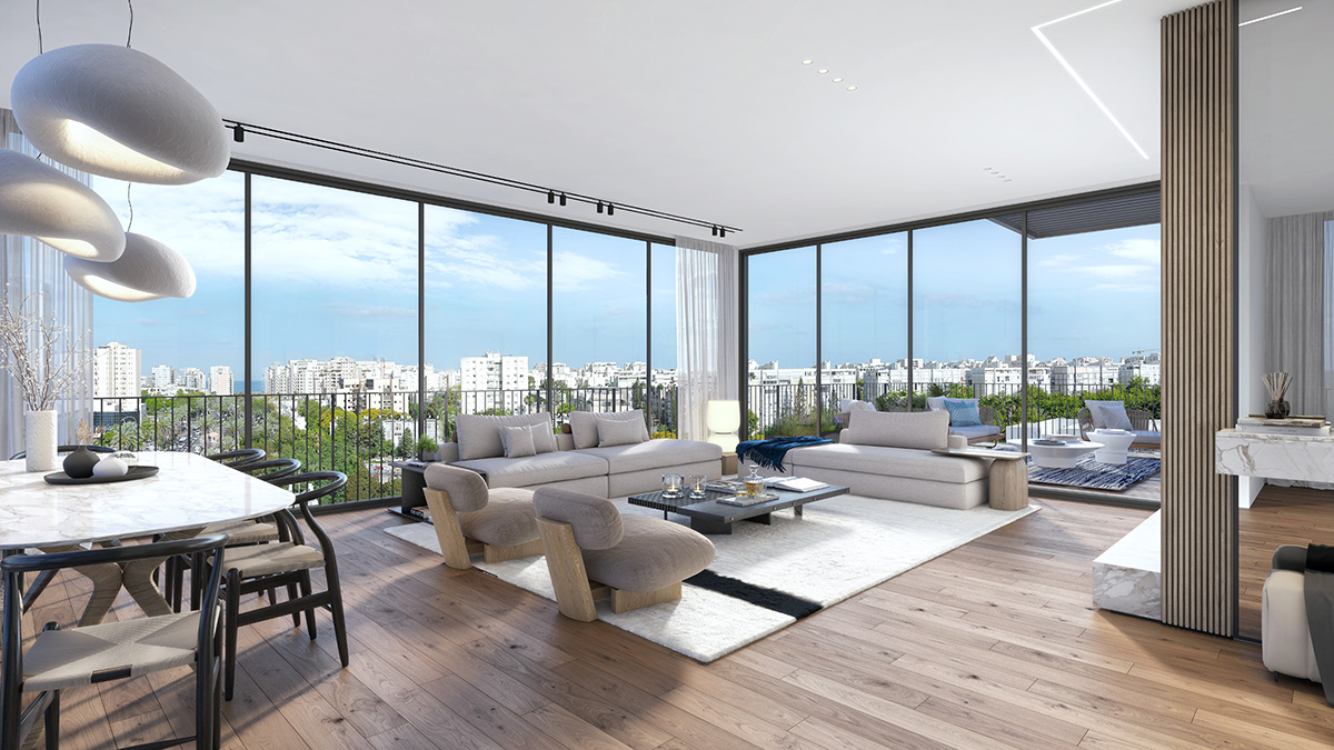 Simulation of a living room in the Brodetsky project in Tel Aviv