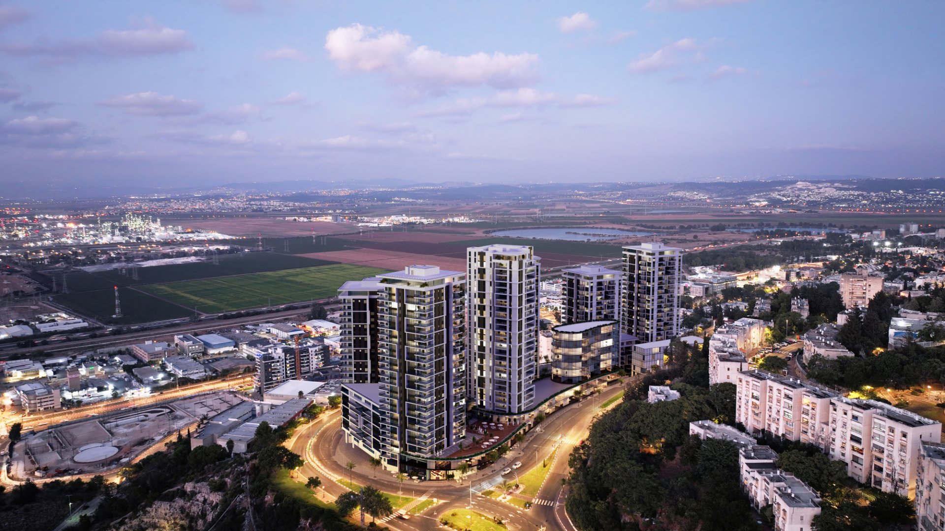 Photograph of few Bulidings in Nesher project in the evening