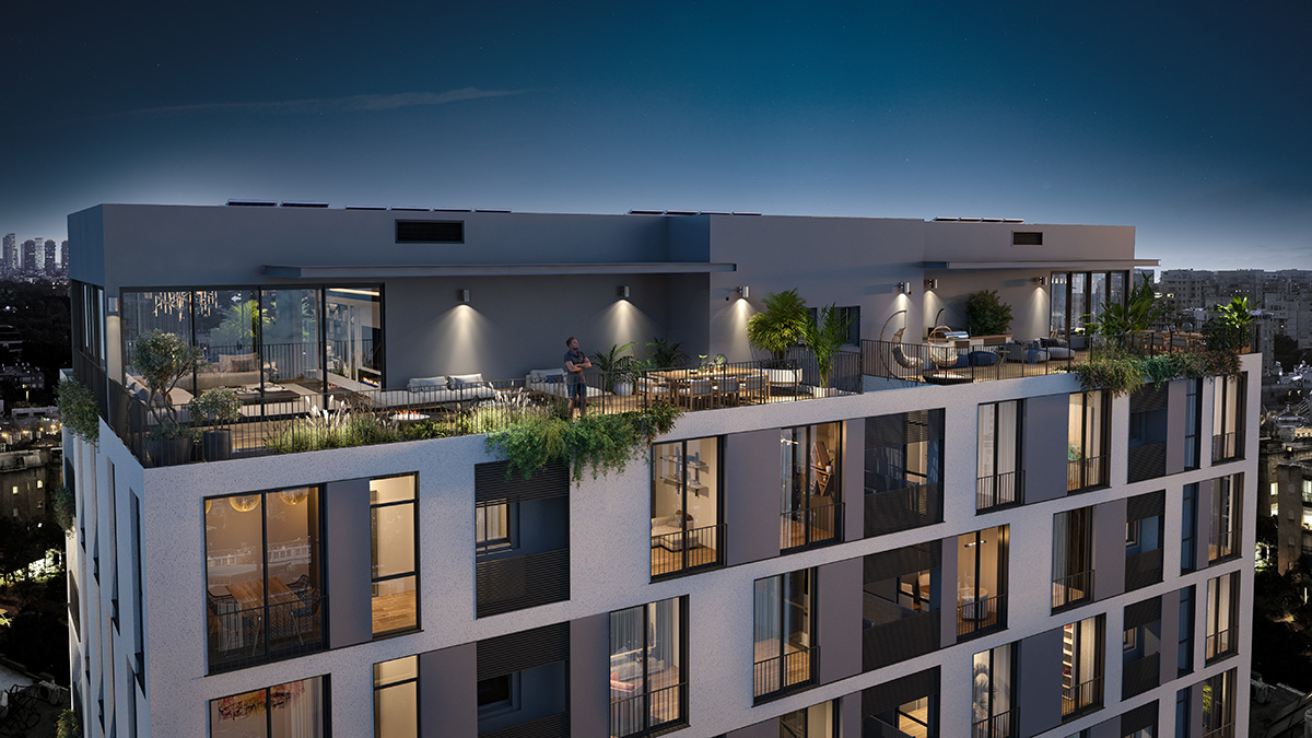 Simulation of the penthouse in the Brodetsky project in Tel Aviv at evening